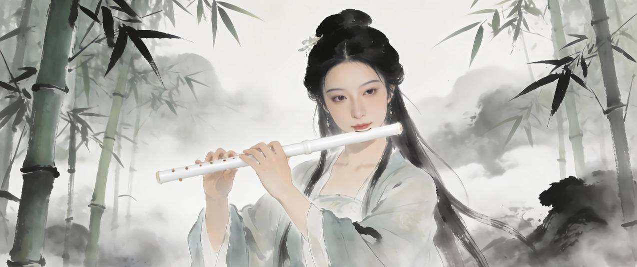 唯美古风美女 笛子 竹林 水墨风3440x1440带鱼屏壁纸免费