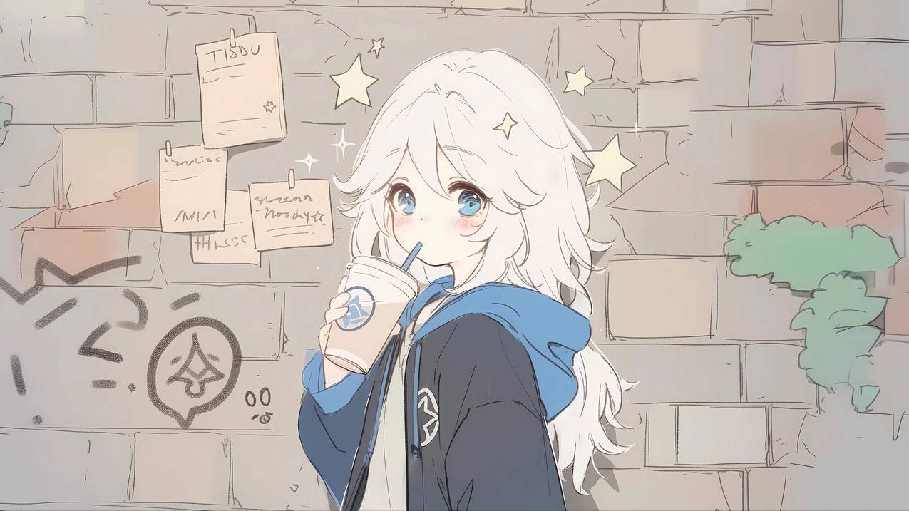 动漫女孩 奶茶 可爱背景墙 4k壁纸