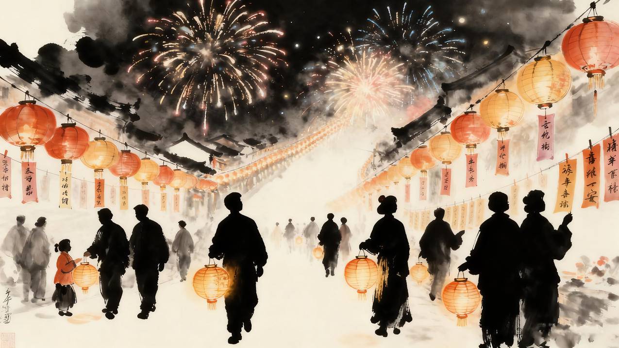 2026新年 烟花 油灯猜字谜 水墨风4k壁纸