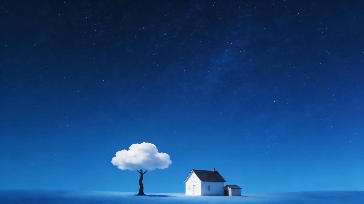 星空 小树 小房子 干净 极简主义 4k风景壁纸