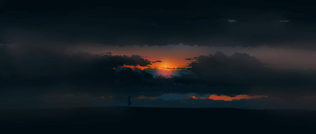 夕阳,黑云,人,4K高清动漫风景壁纸