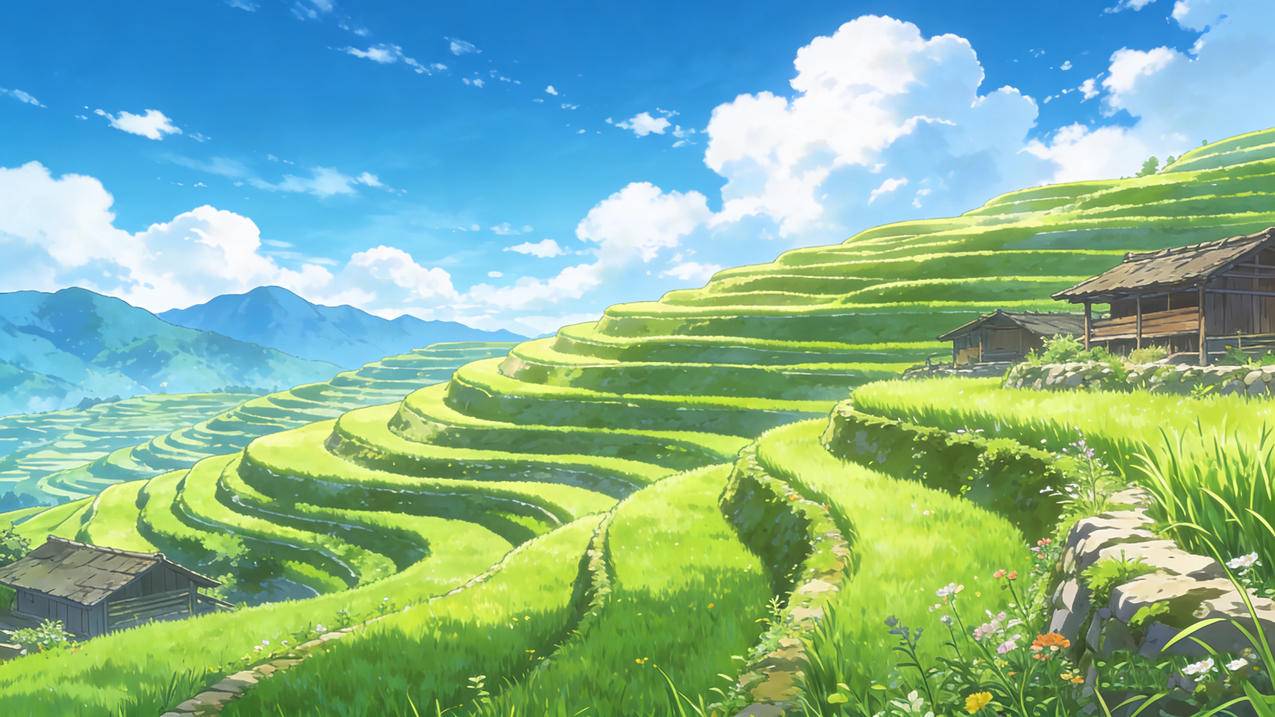 绿色梯田 小木屋 蓝天白云4K风景壁纸3840x2160