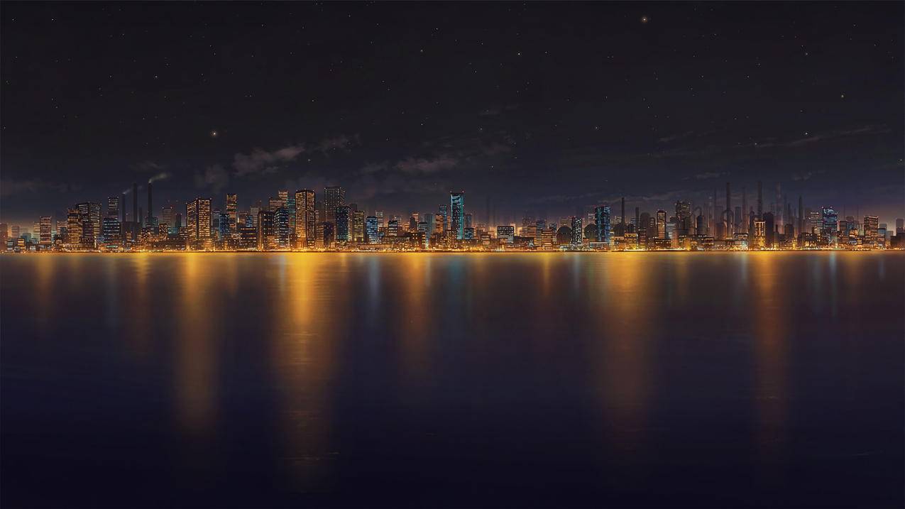 海边的城市夜晚,4K动漫风景壁纸
