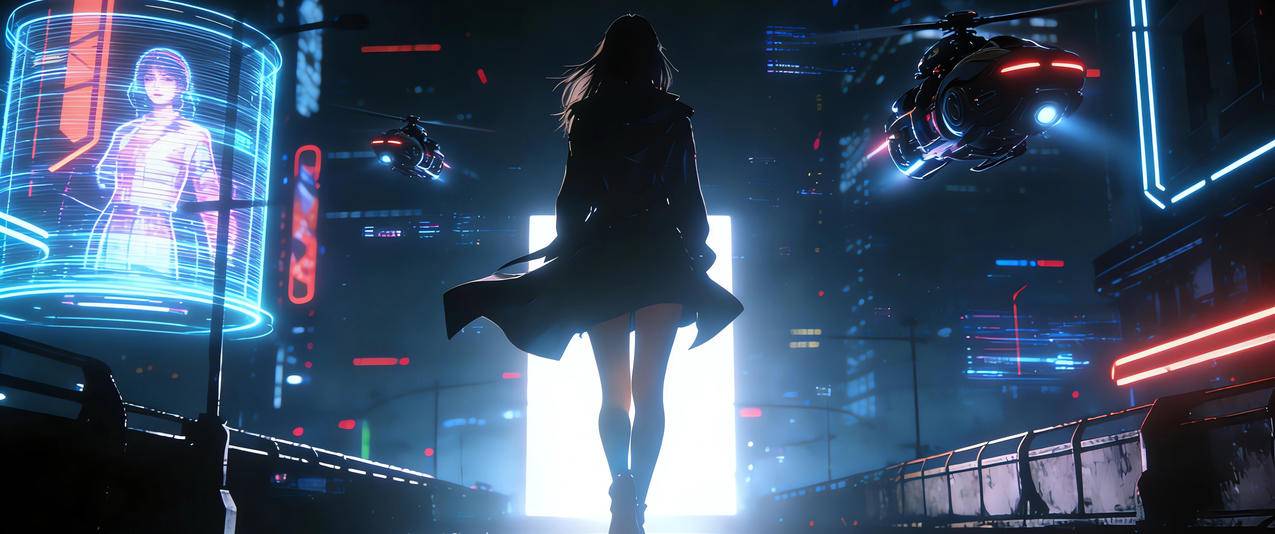 赛博朋克 暗黑 女孩背影 门 光影 3440x1440带鱼屏壁纸