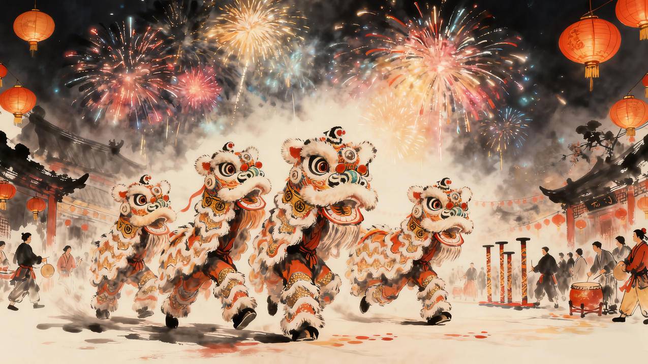 2026新年 舞狮 烟花 灯笼 水墨画 4k壁纸