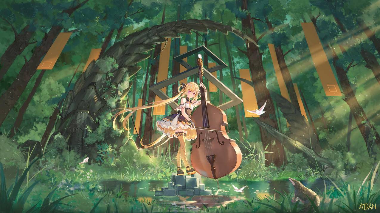 拿小提琴的女孩子,森林,湖水,小鸟,穿山甲,4k动漫壁纸