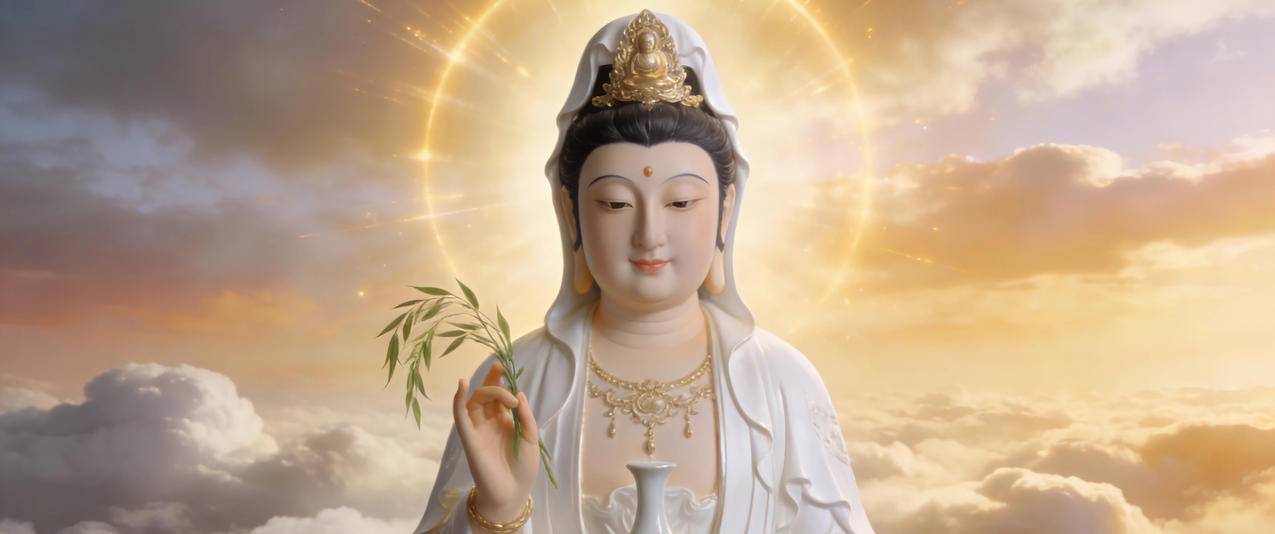 观音菩萨 天空 云 佛光 3440x1440带鱼屏壁纸