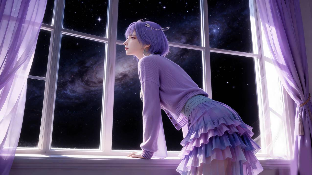 星空 窗 紫色短发美女 4K电脑壁纸动漫