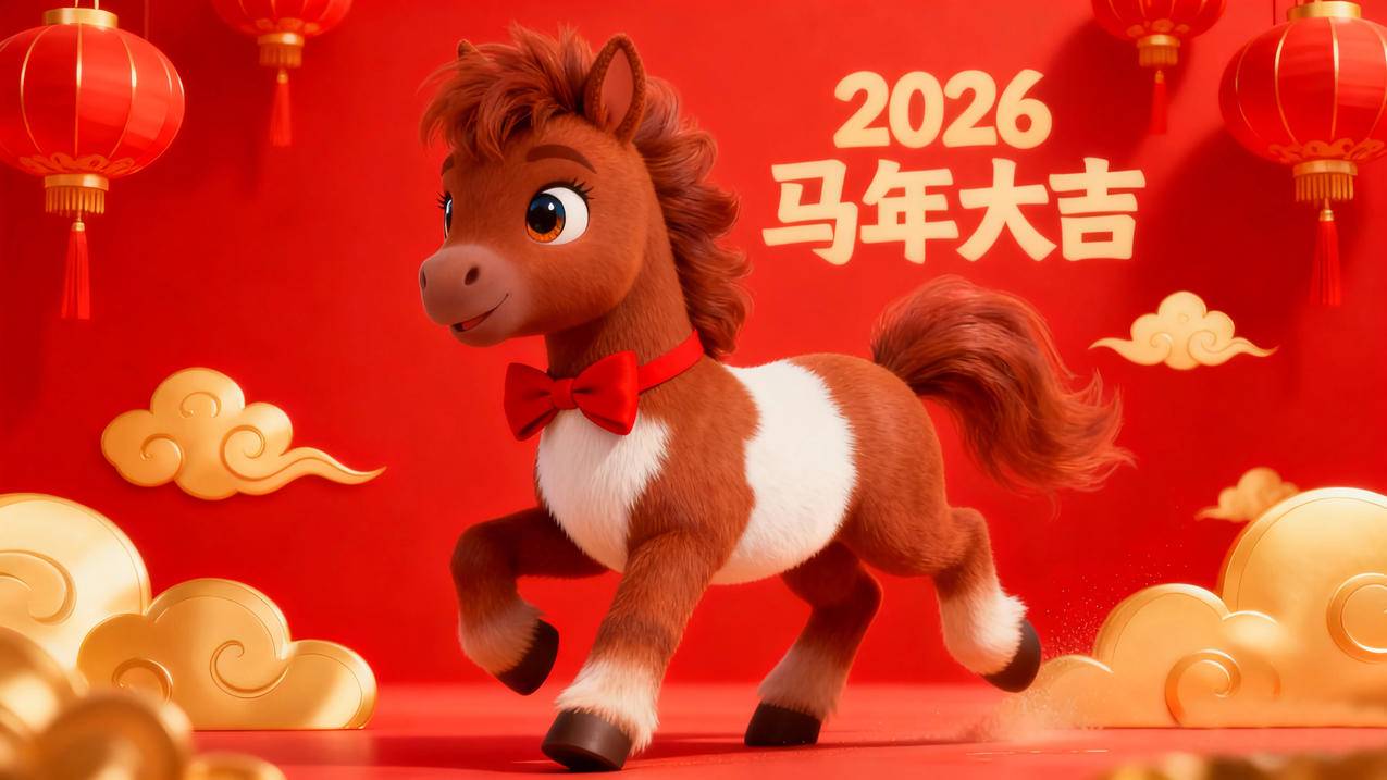 2026马年大吉 红色背景 金色的祥云和灯笼 4K壁纸素材图片