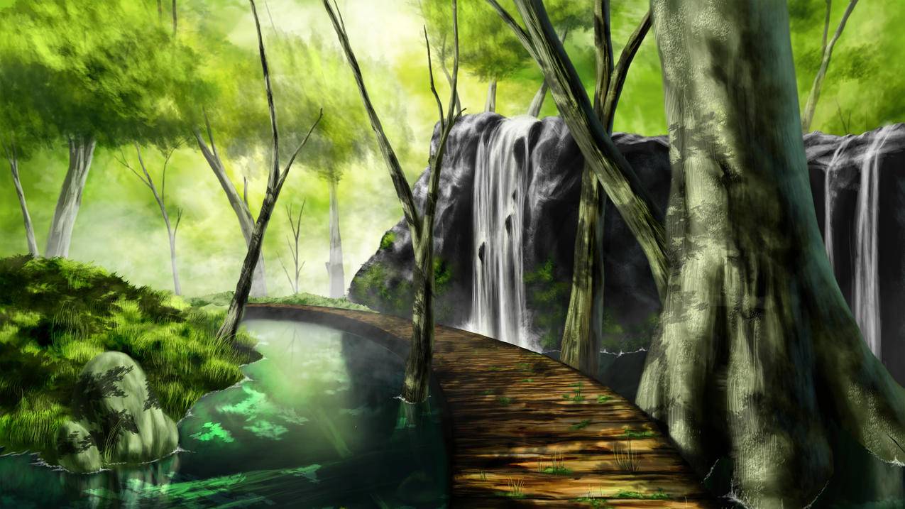 森林,树木,桥,唯美绘画手绘,4k动漫风景壁纸