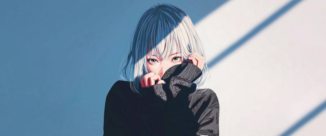 短发女孩 黑色衣服 光影3440x1440带鱼屏壁纸免费动漫