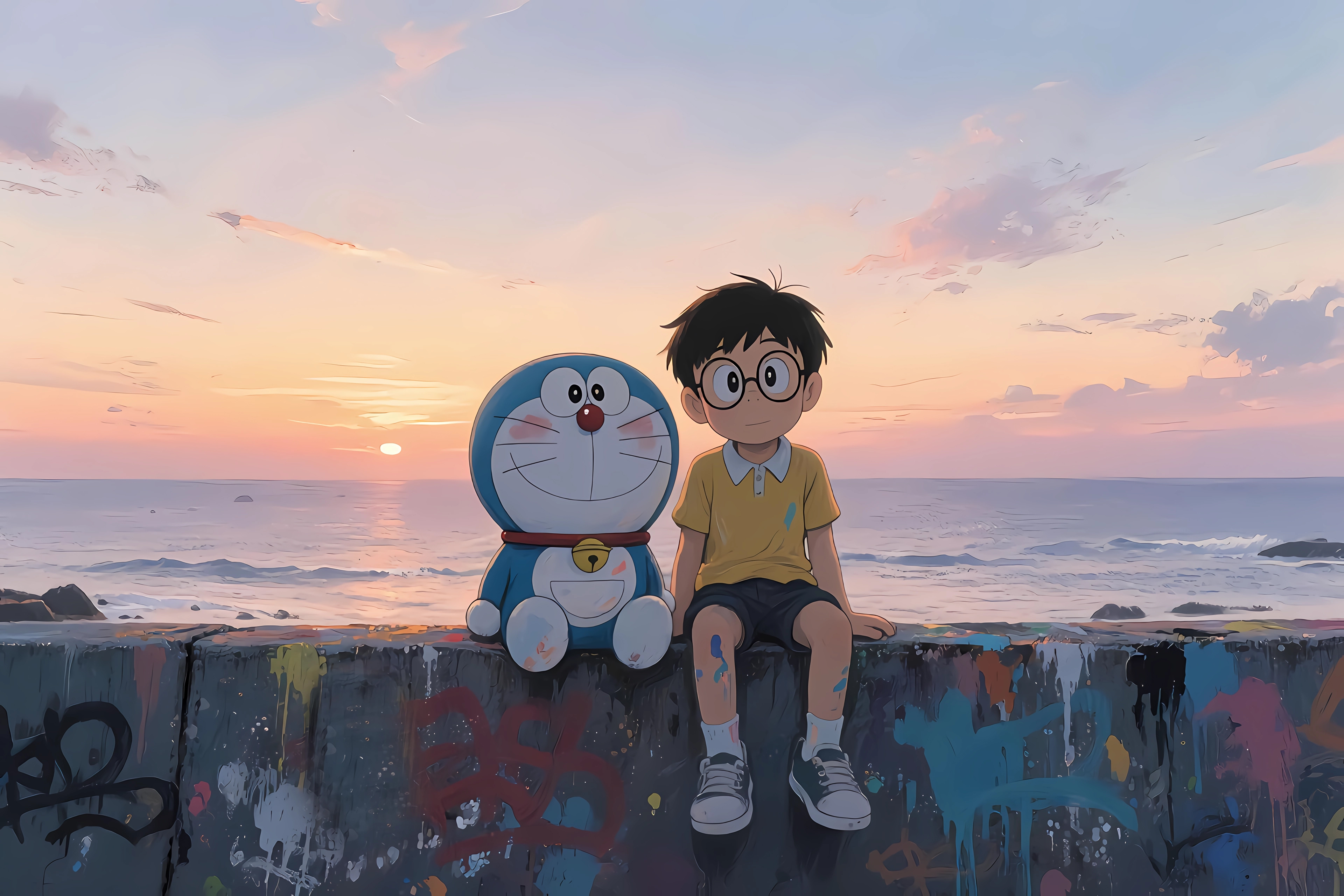哆啦a梦,大雄,海边,4K动漫壁纸,3840x2560