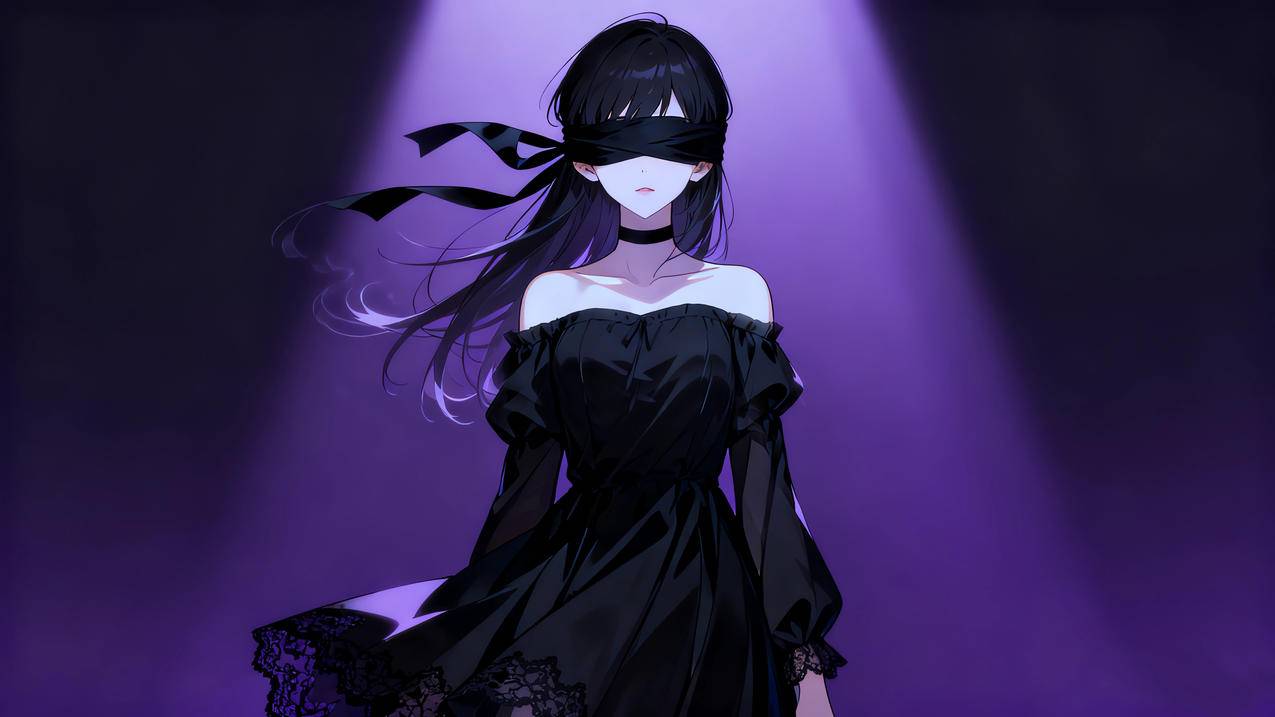蒙眼动漫女孩 黑色裙子 紫色光影4k壁纸