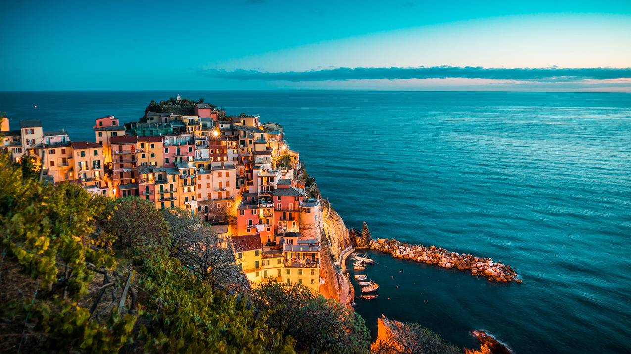 美丽的晚上,意大利,五渔村,4k高清风景壁纸