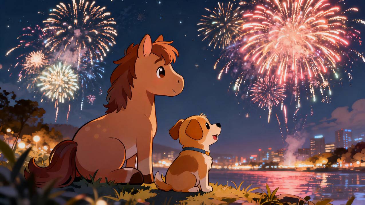 2026马年 小马和小狗一起看烟花 新年4k壁纸