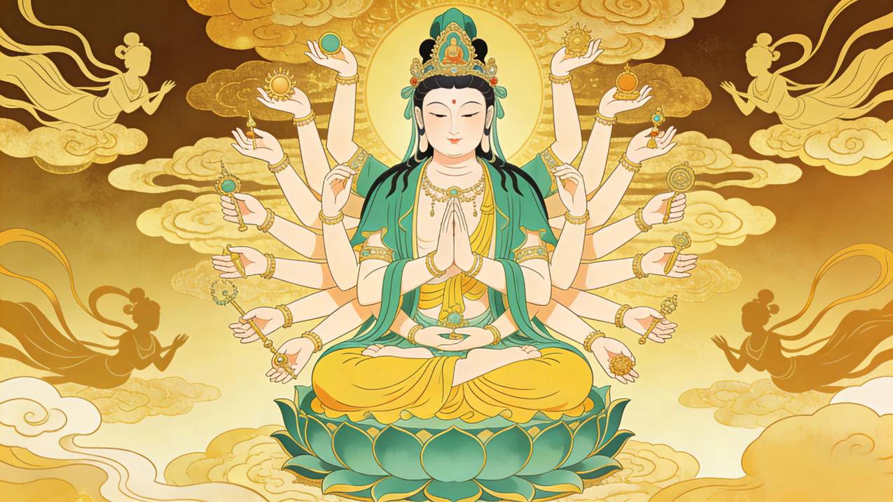 千手观音 仙女 金色背景 4K壁纸