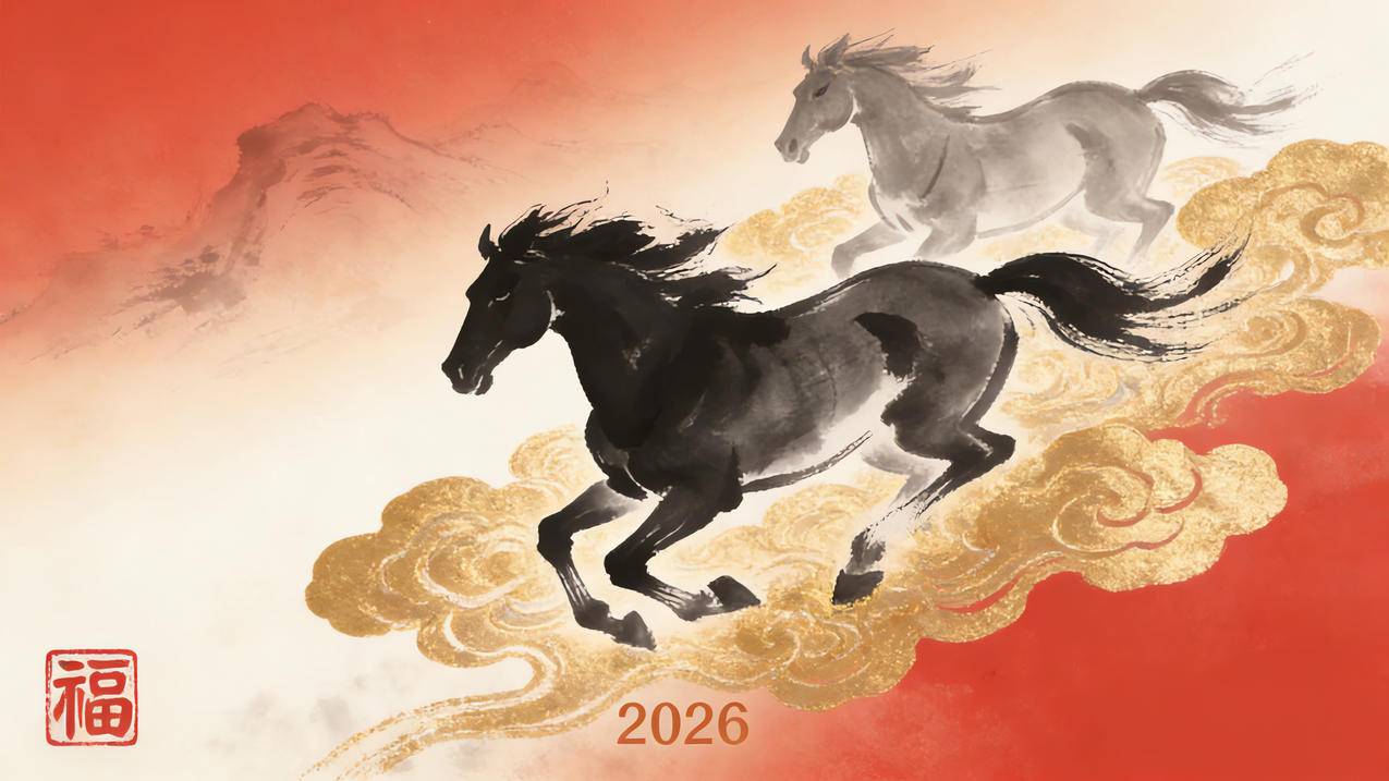 2026福马 两匹骏马 祥云 国风 4k壁纸
