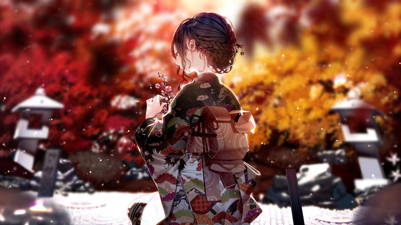 和服,桃花,秋景,4K高清动漫壁纸