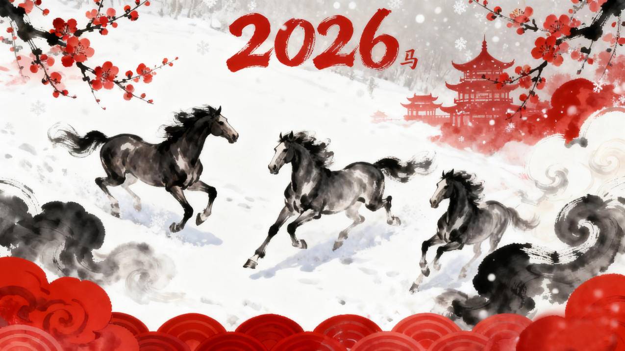 2026马年图片 水墨画 梅花 中国风 4k电脑壁纸