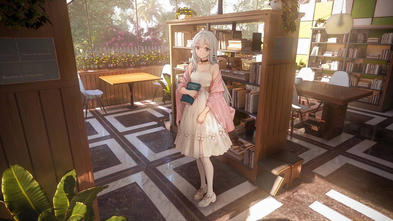 可爱动漫女孩 长白发 蓝眼睛 微笑 站立 植物 图书馆 4k高清壁纸3840x2160