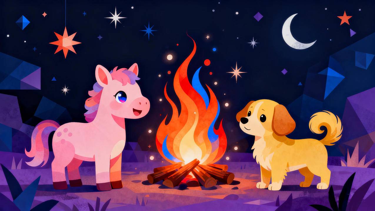 2026新年 夜晚 小马和小狗篝火 可爱卡通4k壁纸