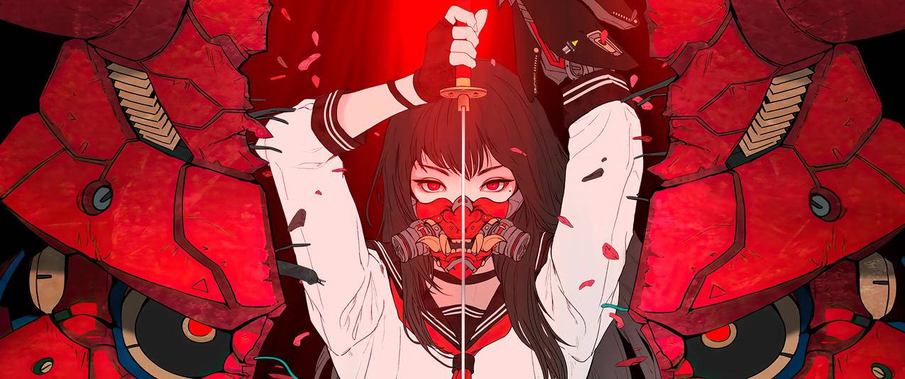 红色眼睛动漫女孩 面具 3440x1440带鱼屏壁纸