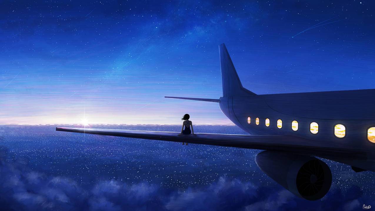 天空,飞机,夜空,坐在飞机羽翼女孩,4K动漫壁纸