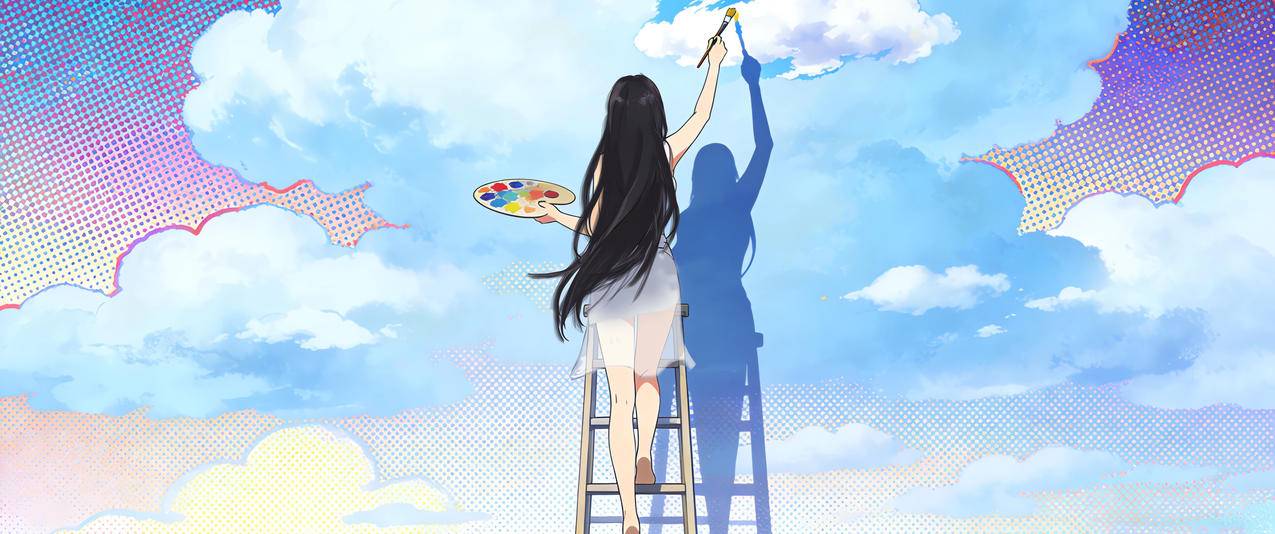 一个美女画家 背影 梯子 云朵 3440x1440带鱼屏动漫壁纸