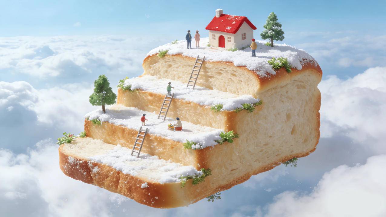 奇幻空中悬浮 面包 阶梯 小屋 4K壁纸