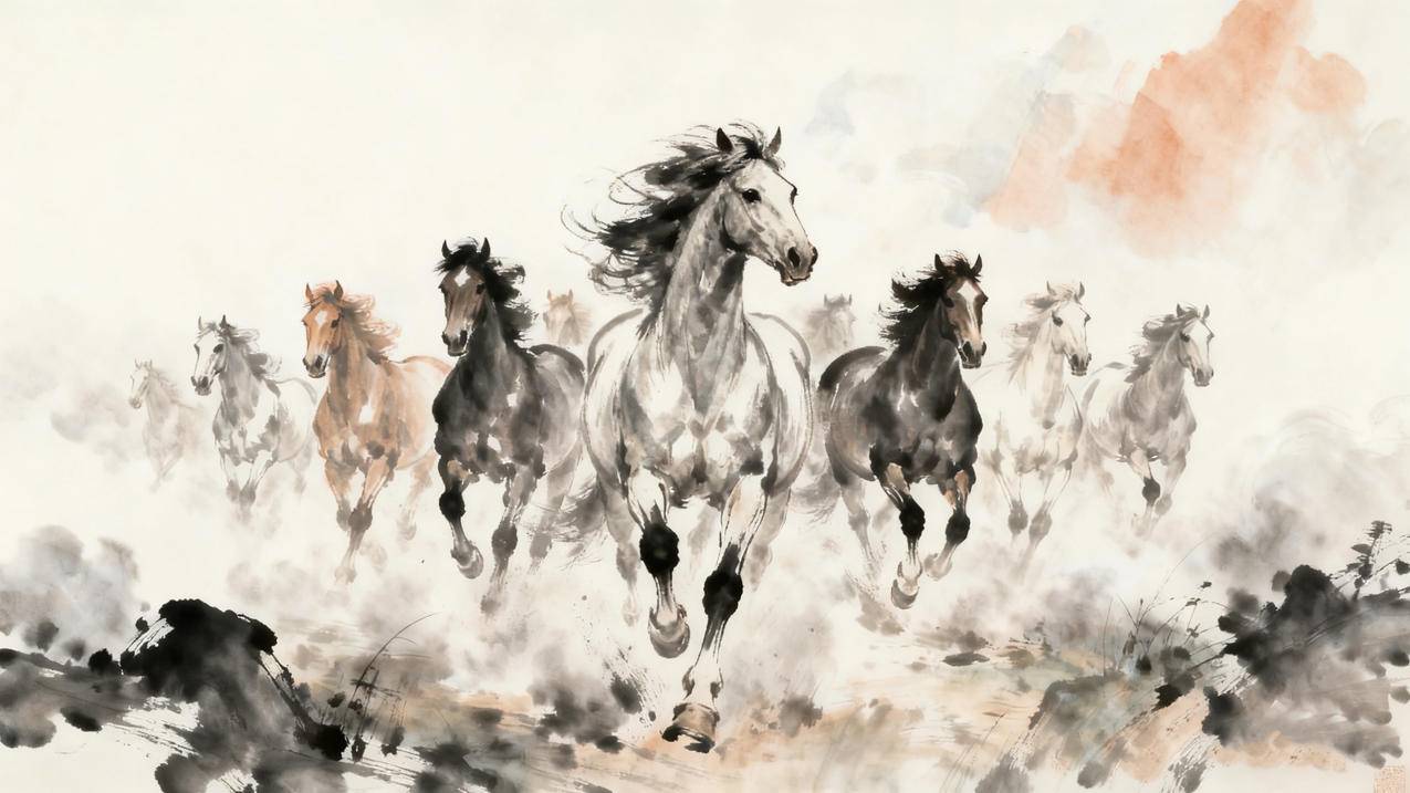 十只骏马 水墨风 2026年马年素材图片4k壁纸