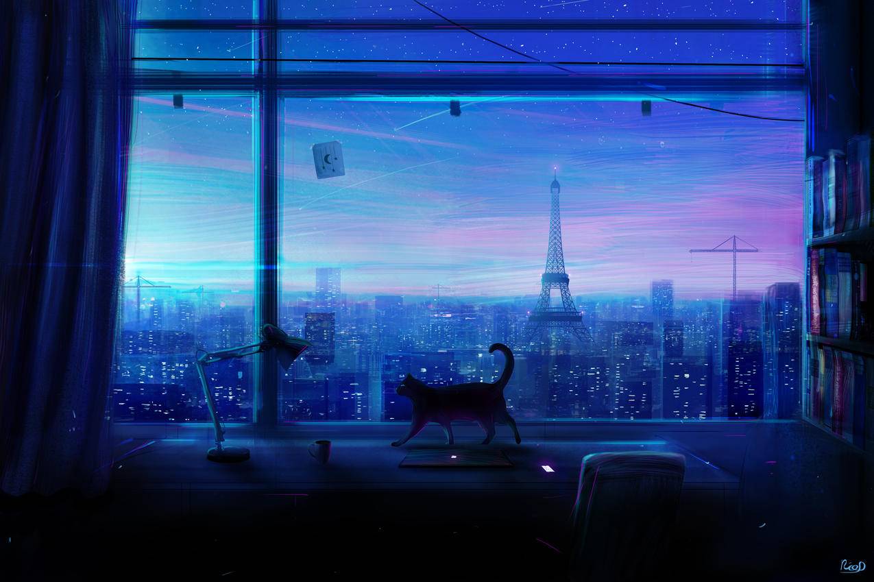 寂寞夜,猫,窗台,城市夜晚,4k动漫风景壁纸
