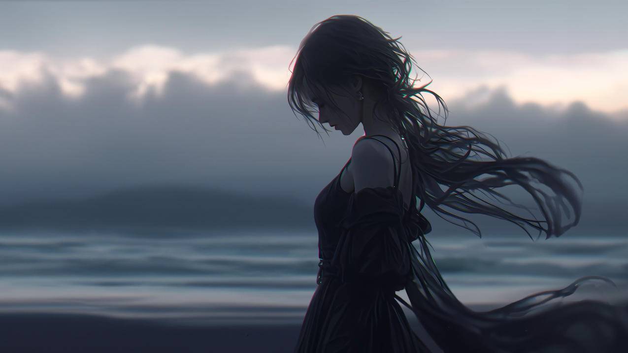 暗色女孩长发黑色裙子 4K车机壁纸3840x2160超清全面屏