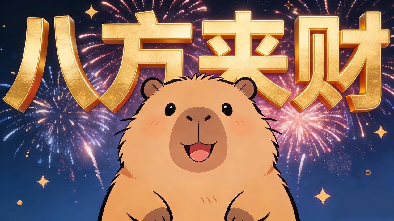 可爱卡皮巴拉 八方来财 烟花背景 4K壁纸