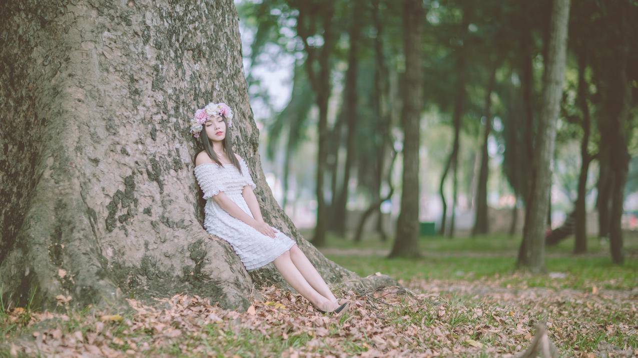 森林,大树,女孩,花环,自然,秋天,4K高清美女壁纸
