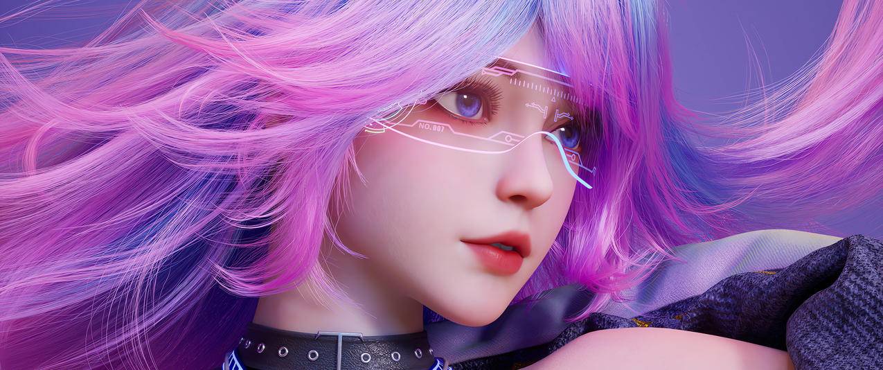 科技女孩 粉色长发 3440x1440带鱼屏壁纸