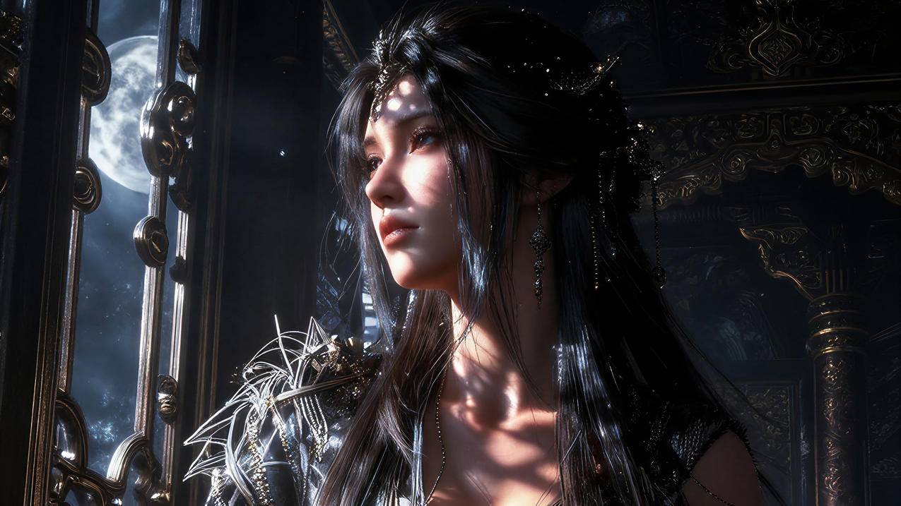 黑发黑裙少女 夜晚月亮 窗 4K高清动漫壁纸