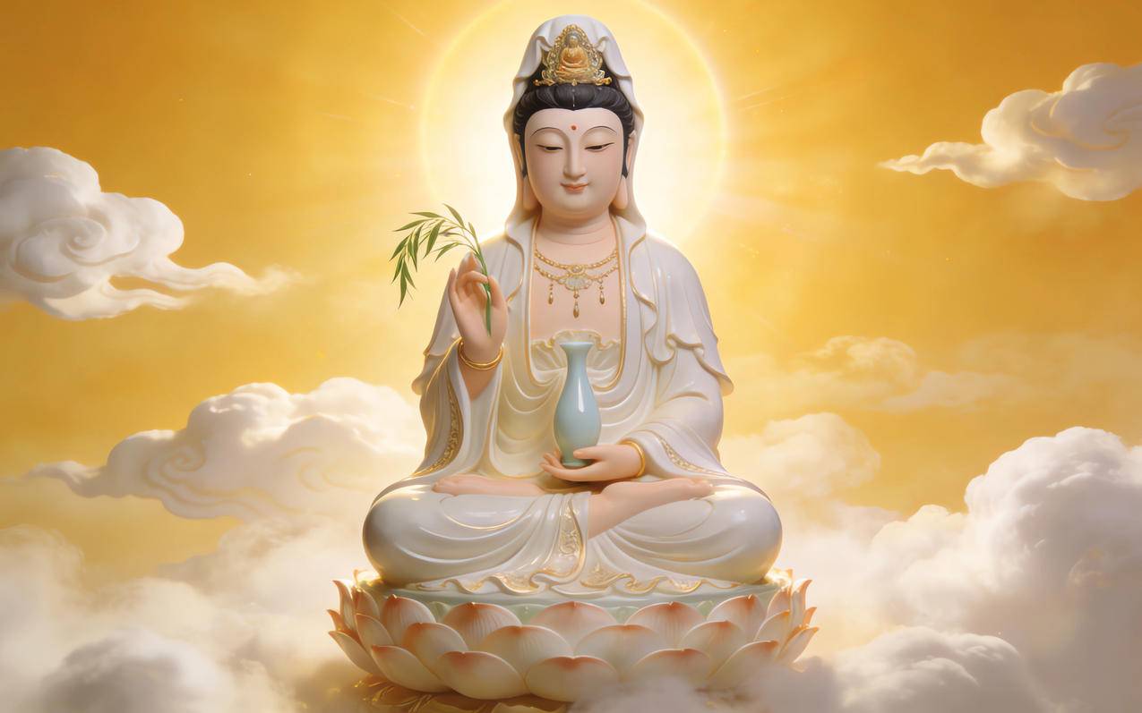 观世音菩萨 坐莲台 玉净瓶 祥云 光 车机高清壁纸横屏 3200x2000