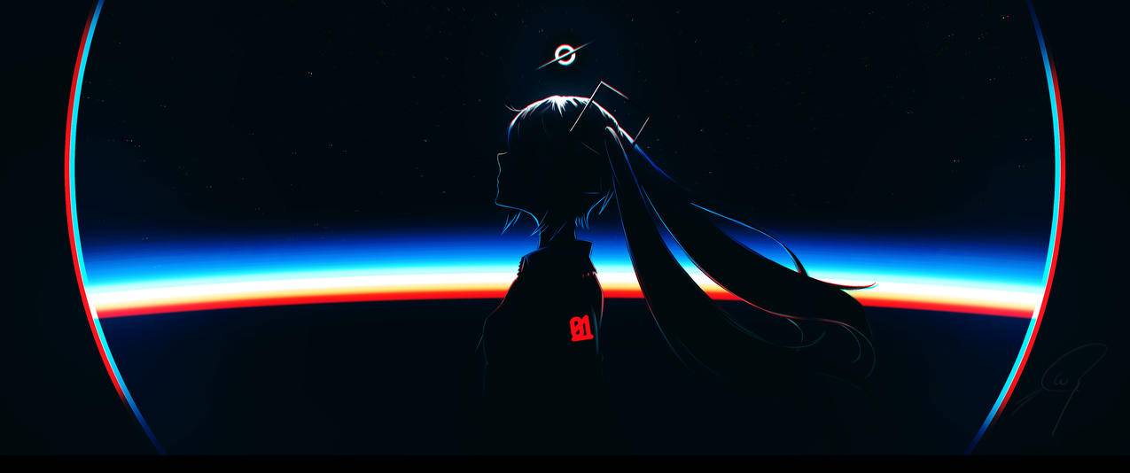 初音未来 宇宙 深色背景 3440x1440带鱼屏壁纸