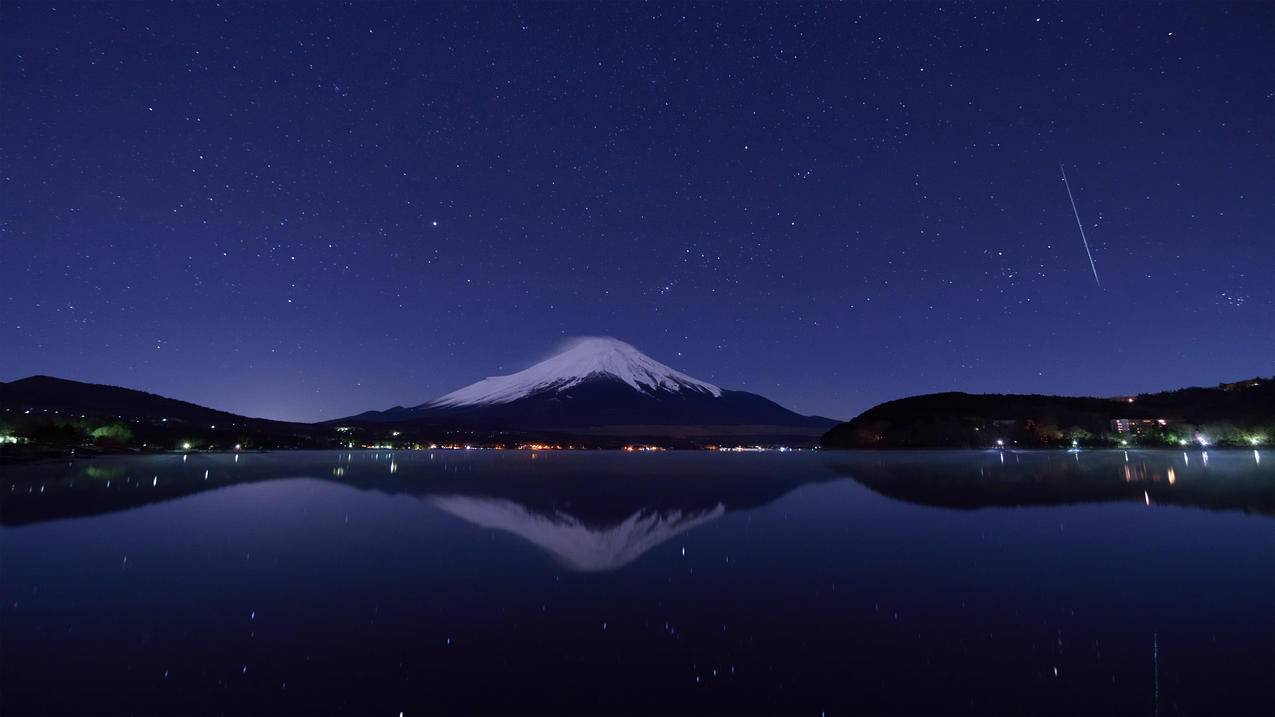 双子座,流星和富士山,山中湖,4k风景高清壁纸