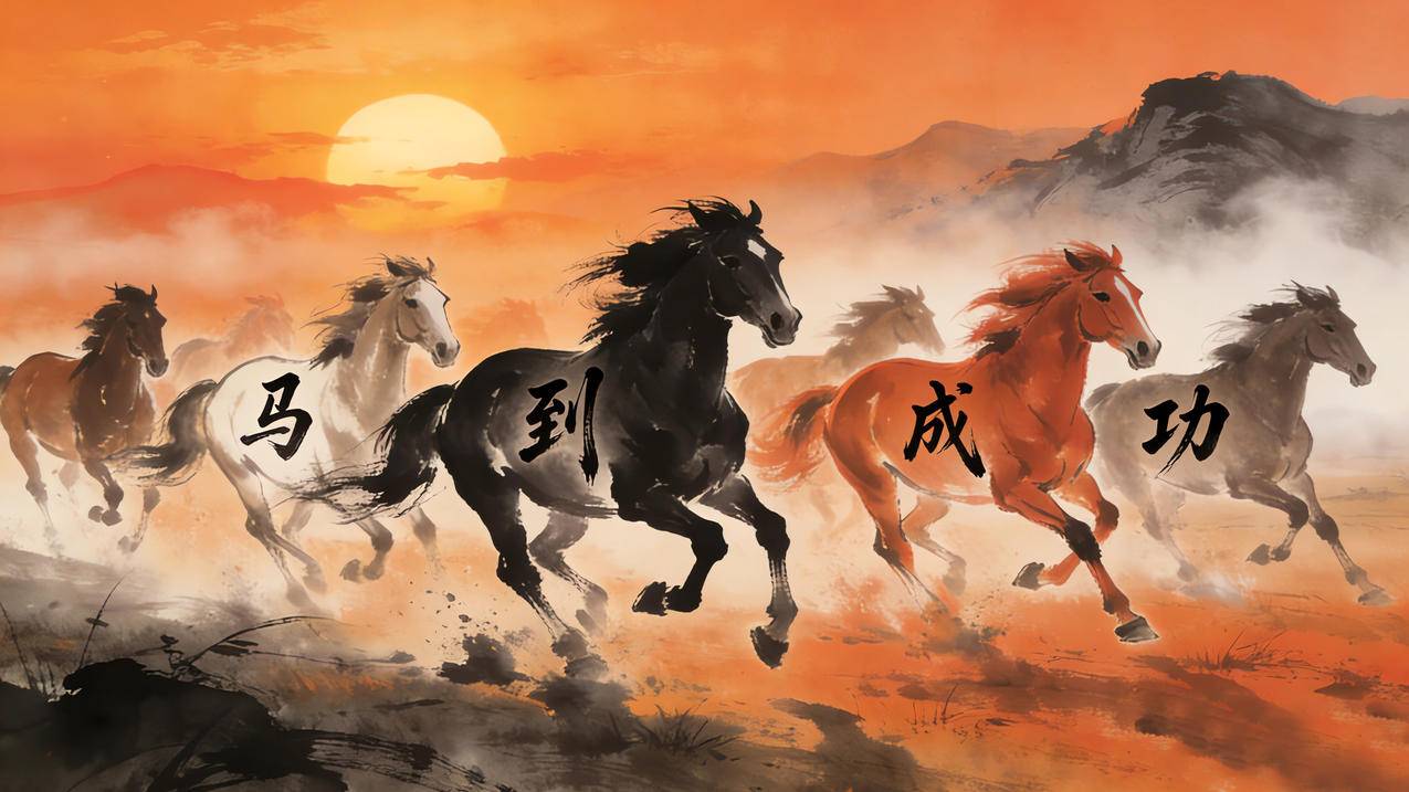 日出 马到成功 一群奔跑的骏马 水墨风 4K壁纸