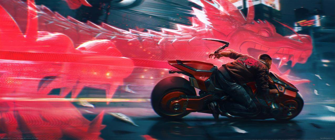 《赛博朋克2077》龙,摩托车,3440x1440游戏壁纸