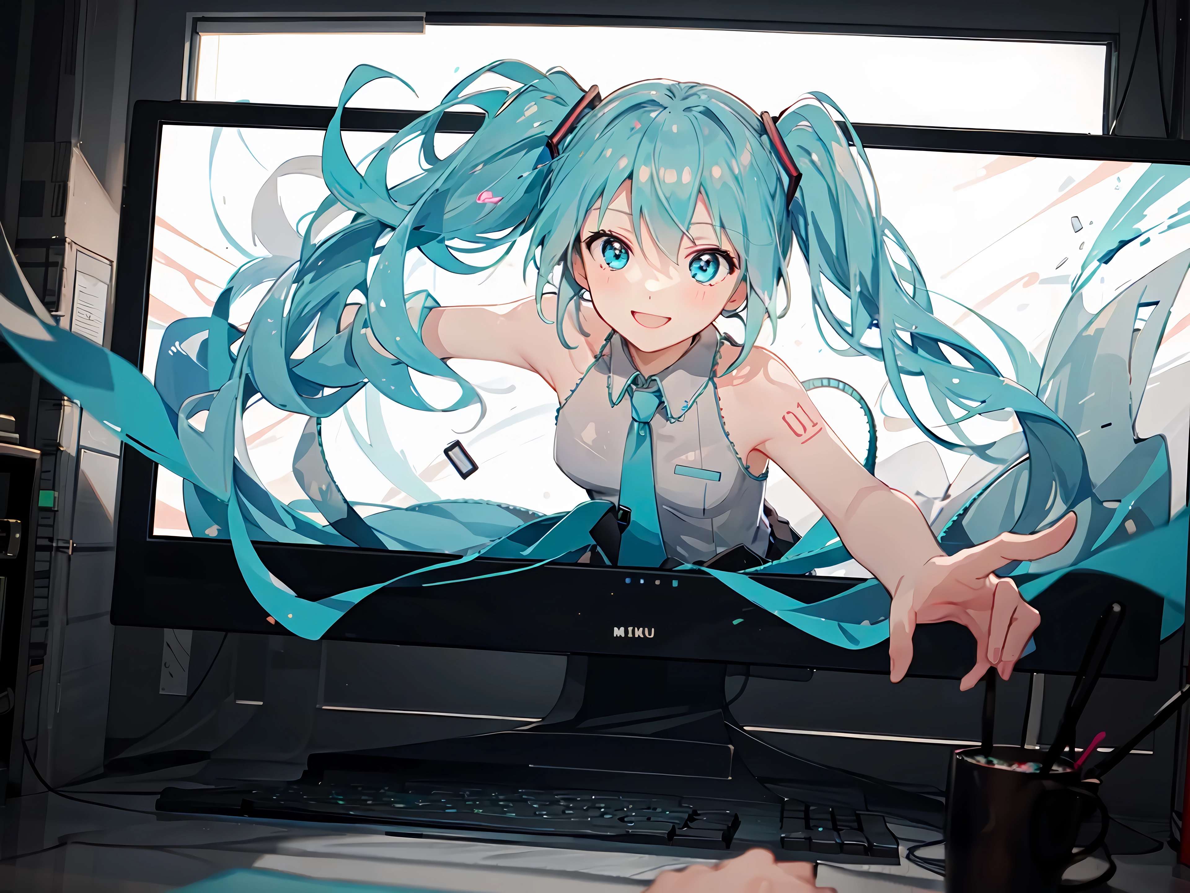 初音未来,从电脑屏幕里出来,4K电脑壁纸