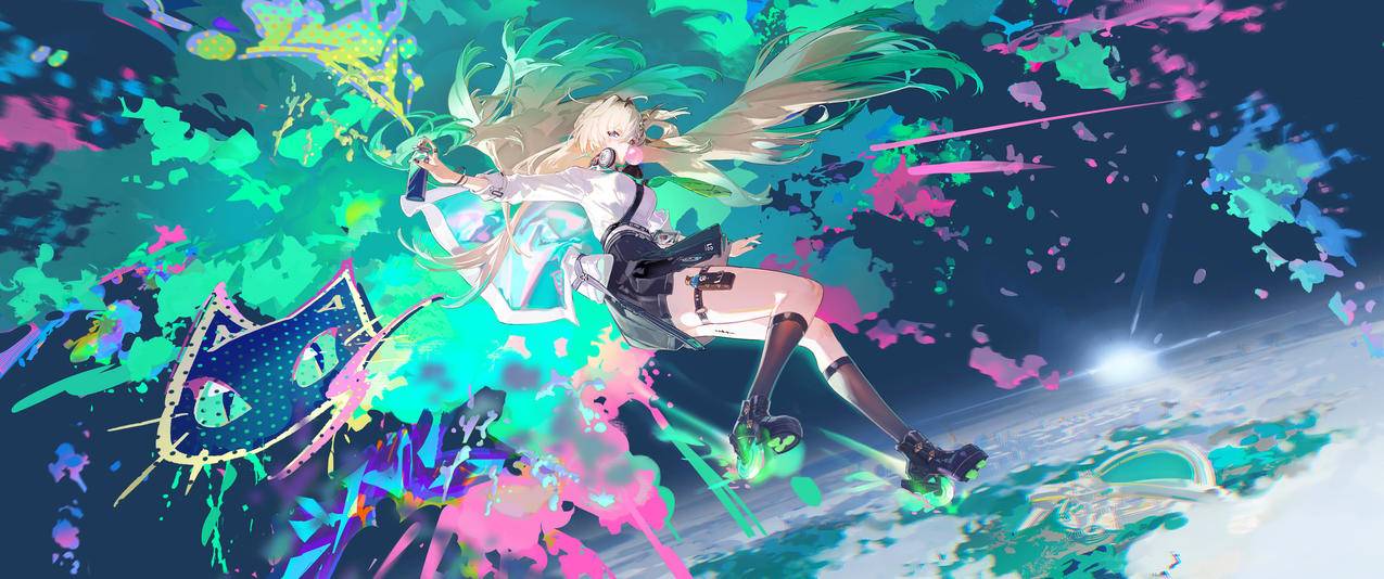 动漫女孩 金发 彩色颜料 3440x1440带鱼屏壁纸