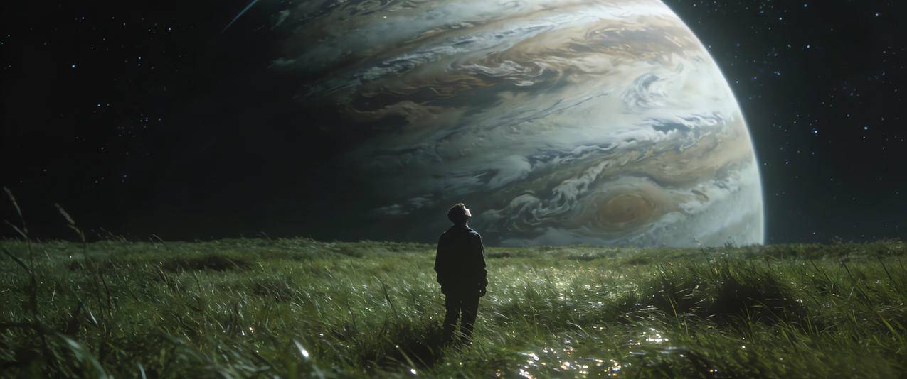 一个人 绿草地 星空 星球 梦想家3440x1440带鱼屏风景壁纸