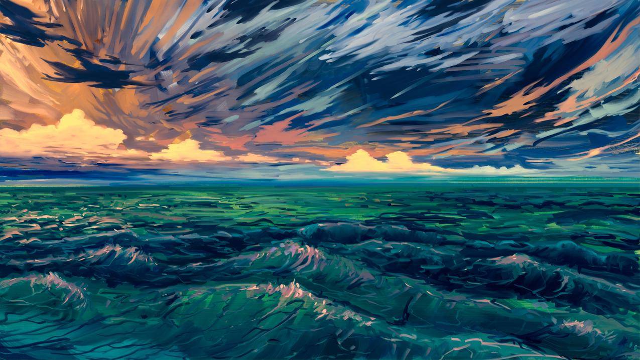 绿海,海浪,唯美艺术抽象风景画4k壁纸
