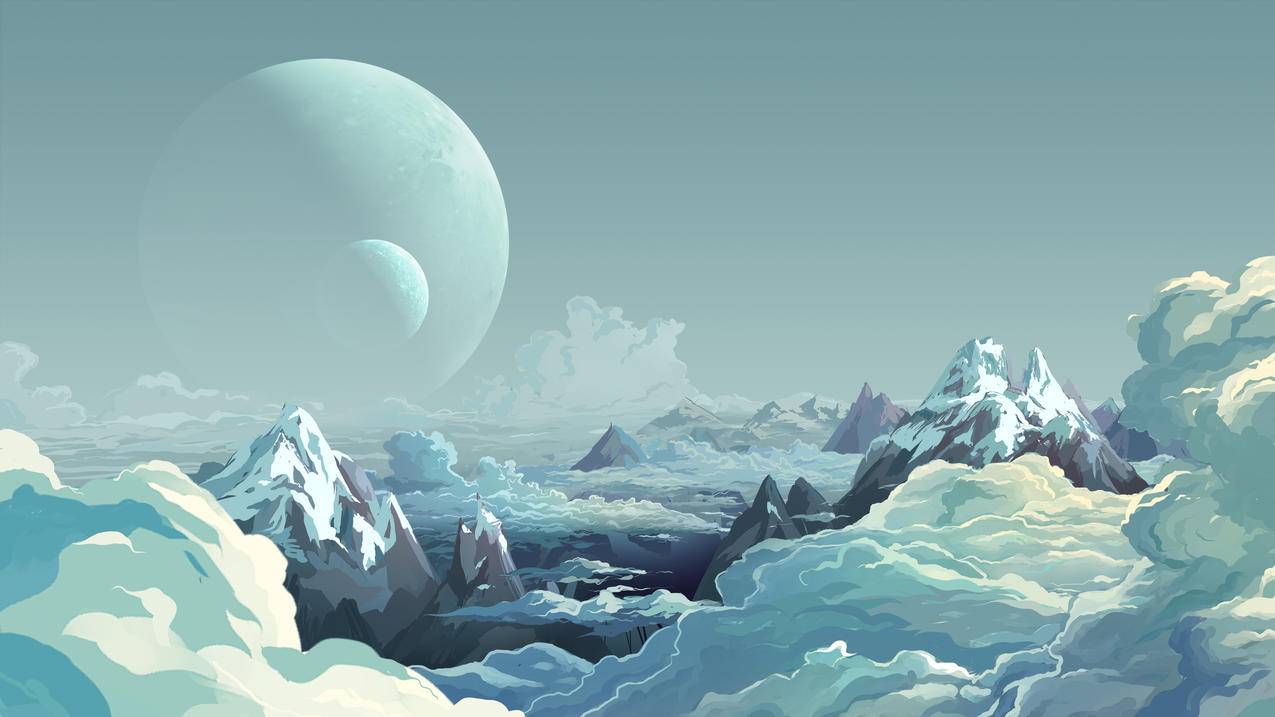 高地,山,星球,月亮,云,唯美风景,4K动漫壁纸