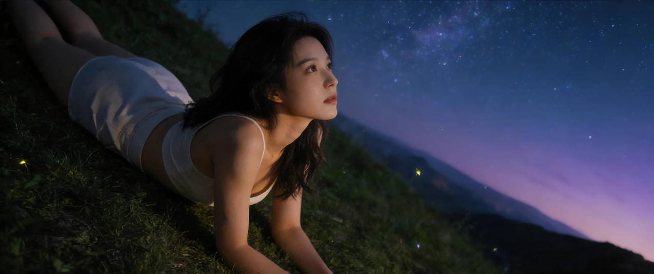 夜晚 在草地上看星空的美女3440x1440带鱼屏壁纸免费