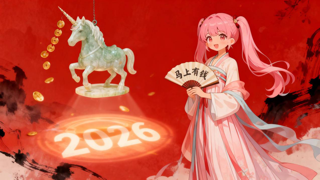 2026马上有钱 粉色马尾辫小女孩 古装 玉马 独角兽 4k壁纸