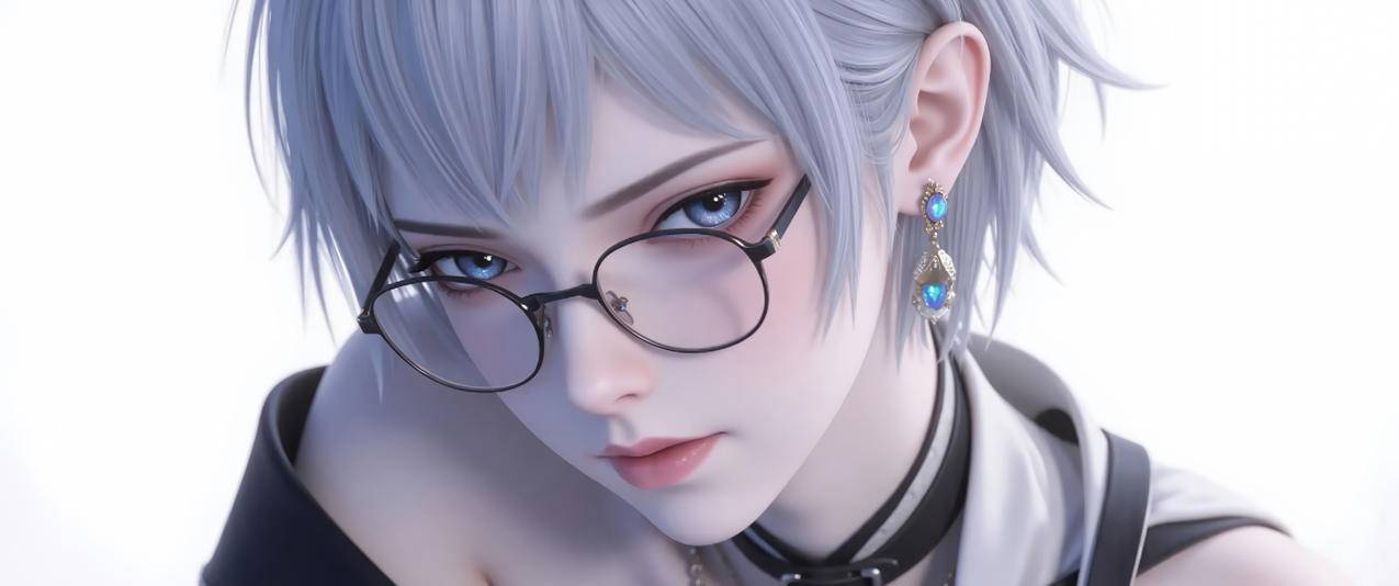短发 灵笼白月魁 蓝色眼睛 眼镜美女 3440x1440带鱼屏壁纸