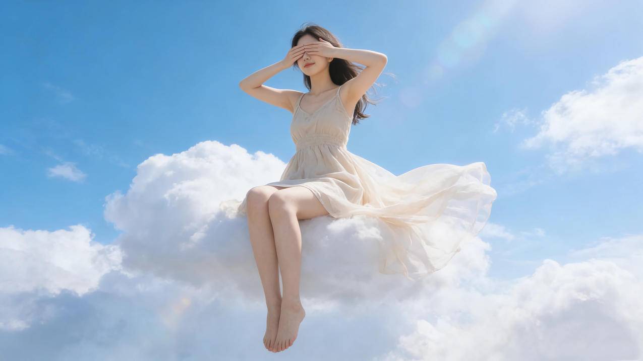 蓝天 坐在云上的可爱美女 长裙 双手蒙眼 4k壁纸